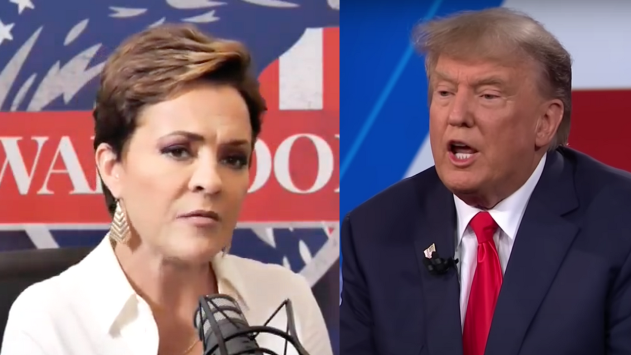 Screenshot of Kari Lake on Steve Bannon's "War Room"; CNN screenshot of Donald Trump during his town hall