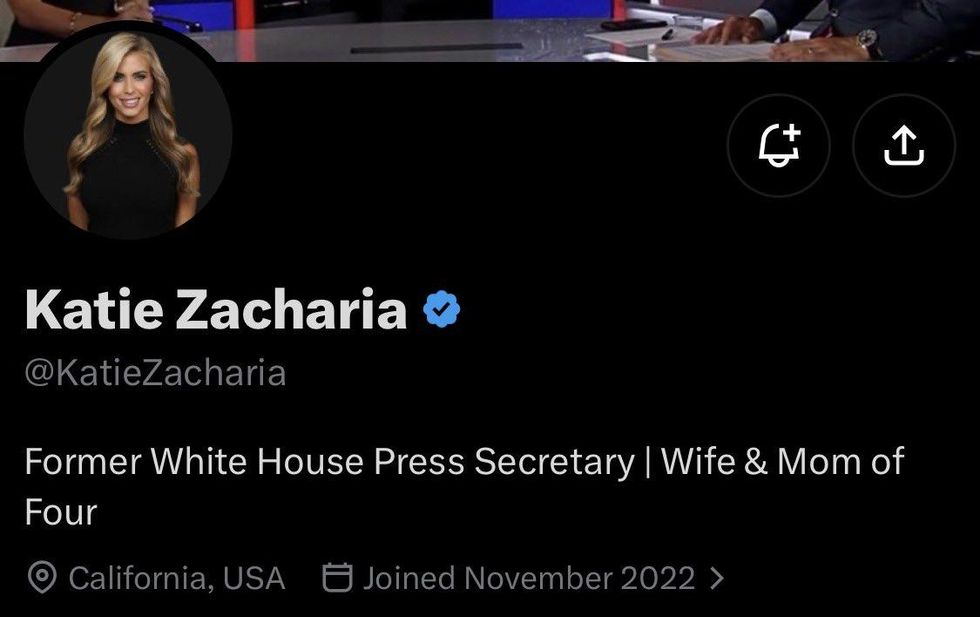 Screenshot of Katie Zacharia's X bio