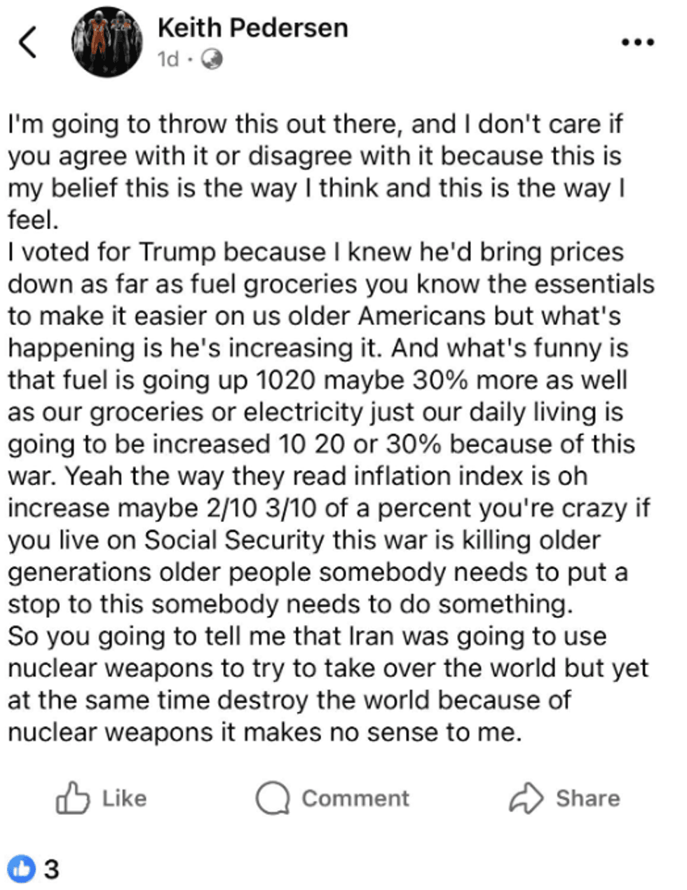 Screenshot of Keith Pedersen's post