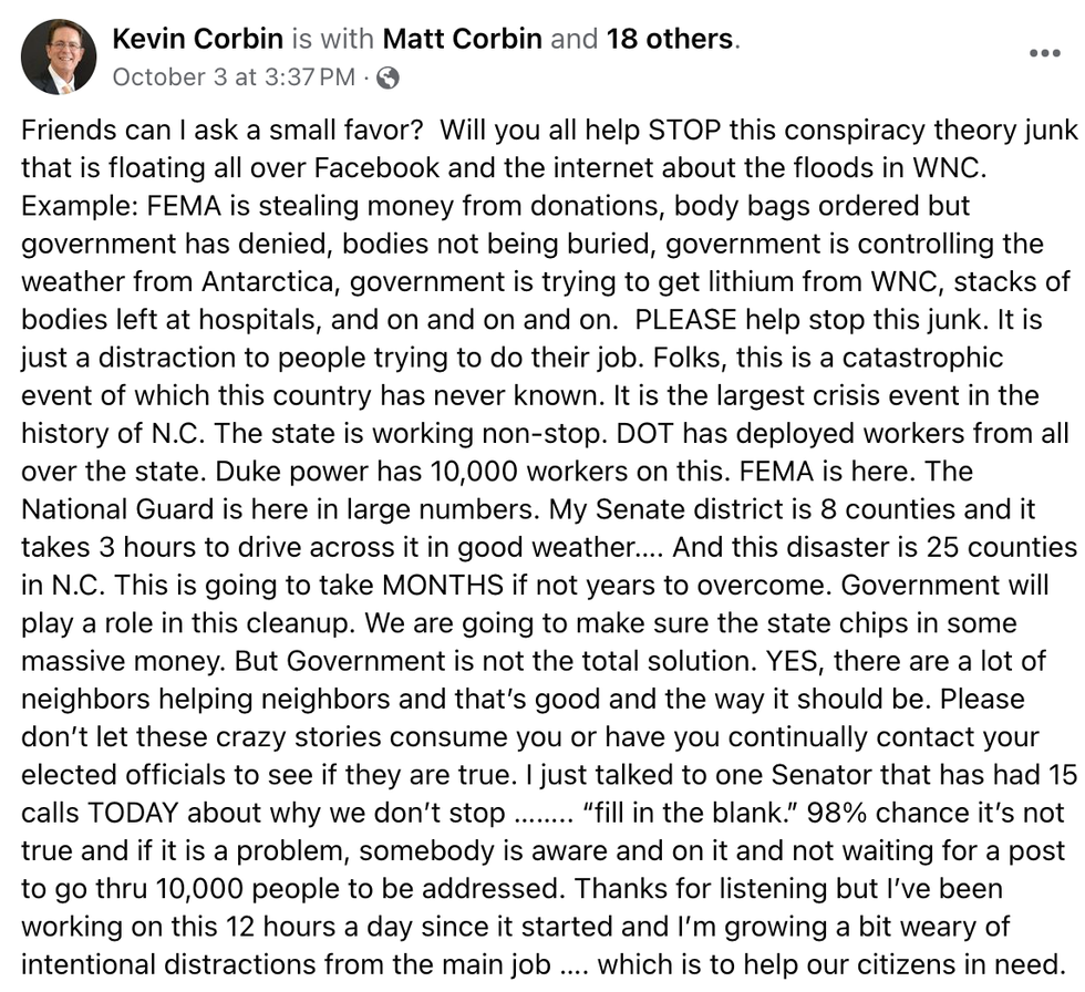 Screenshot of Kevin Corbin's Facebook post