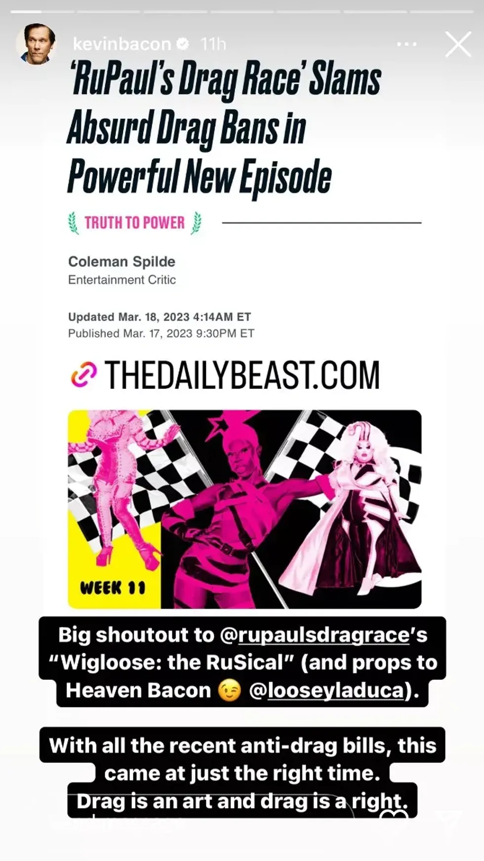 Screenshot of @kevinbacon's Instagram Story