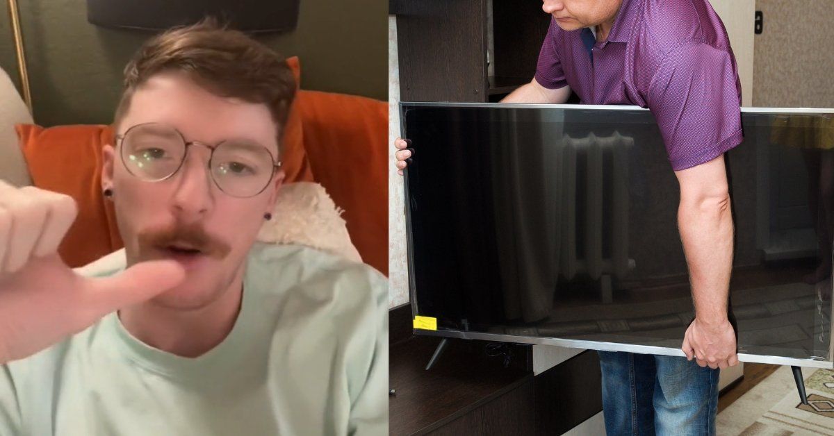 Screenshot of @kyles_ghost from TikTok; stock photo of man setting up TV