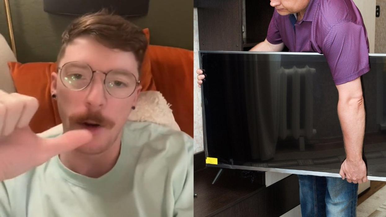 Screenshot of @kyles_ghost from TikTok; stock photo of man setting up TV