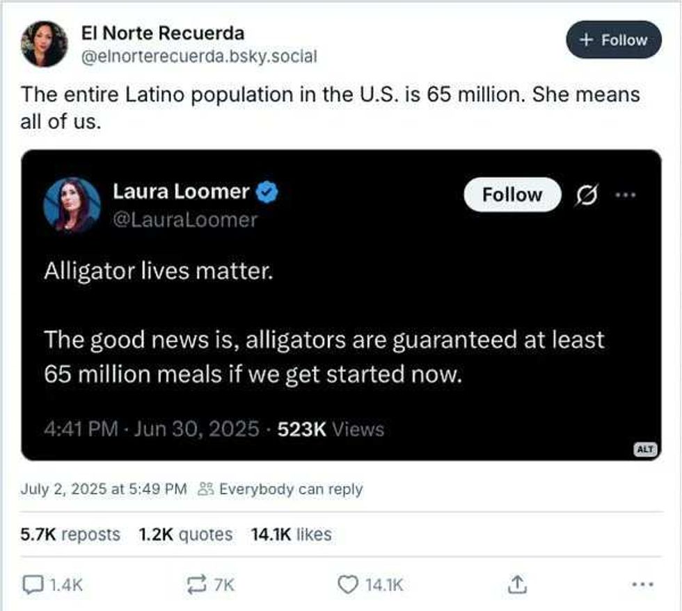 Screenshot of Laura Loomer's post shared by a BlueSky user