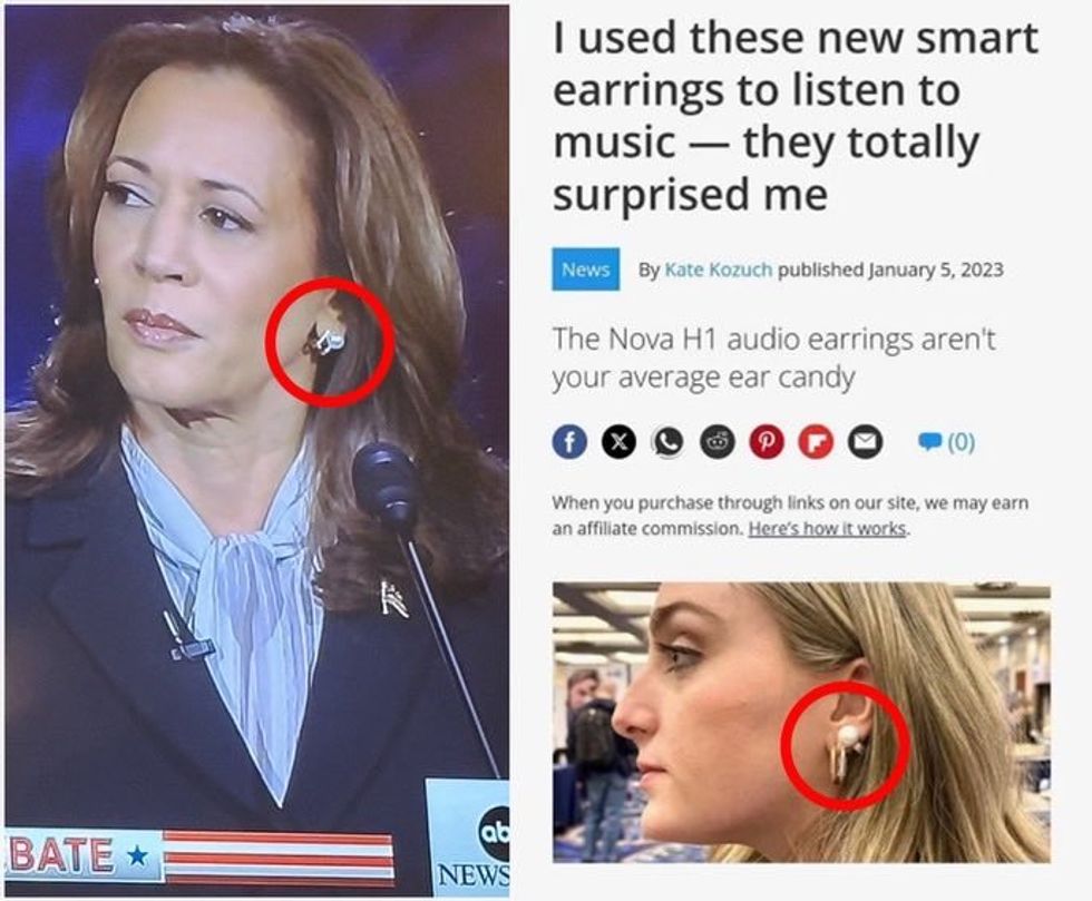 Screenshot of Laura Loomer's side-by-side image of Kamala Harris and the Nova H1 audio earrings