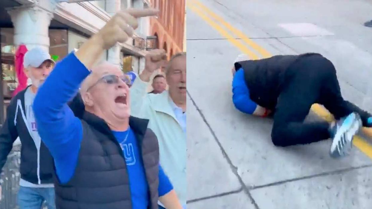 Screenshot of man yelling and faceplanting