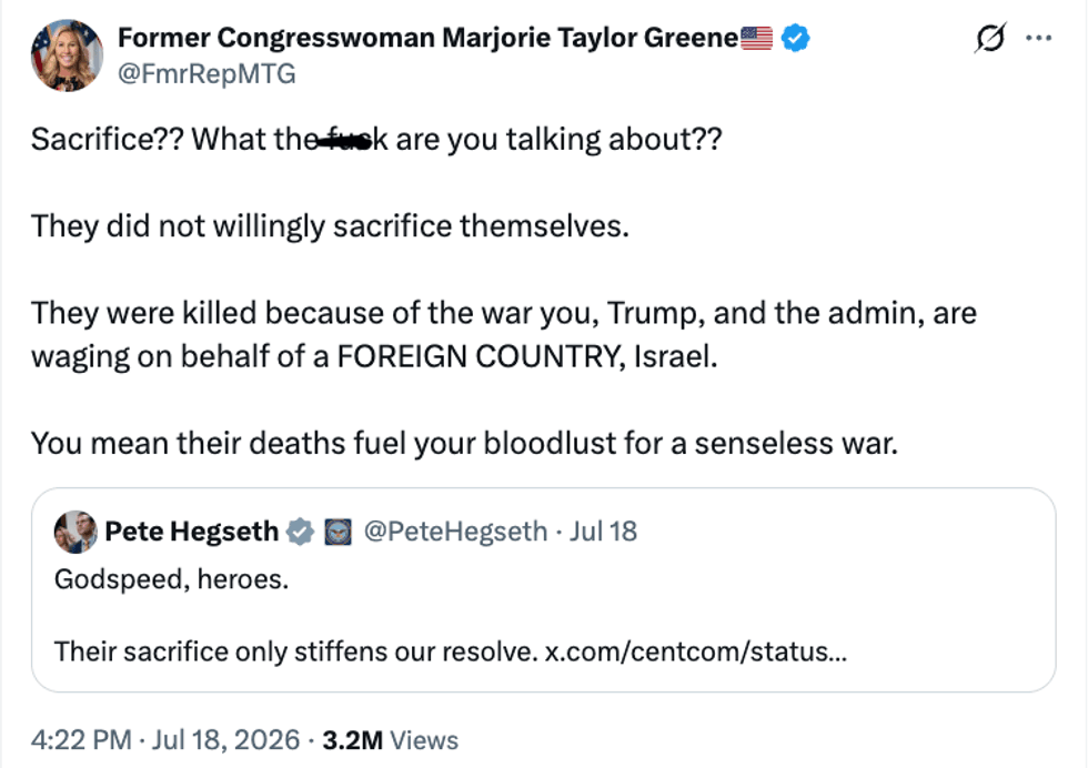 Screenshot of Marjorie Taylor Greene's remarks to Pete Hegseth