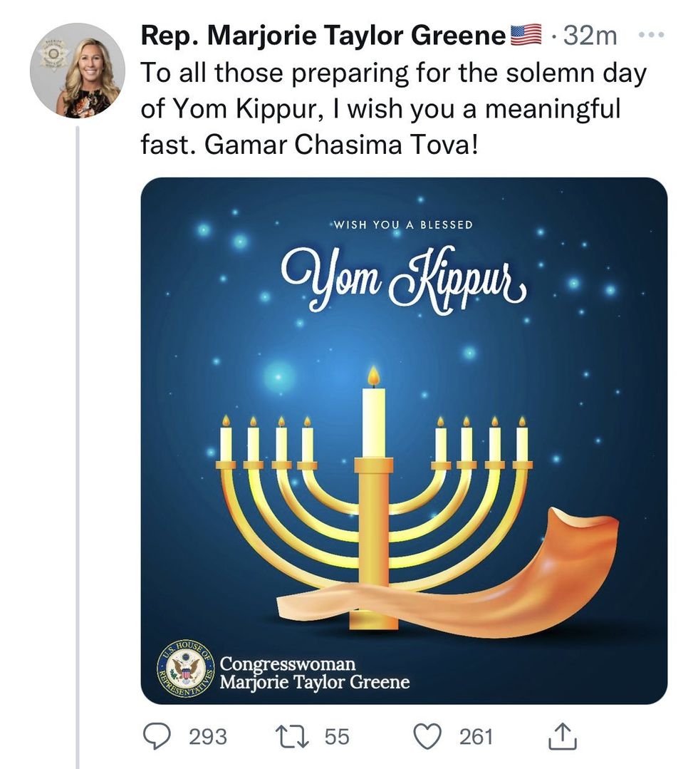 Screenshot of Marjorie Taylor Greene's Yom Kippur post