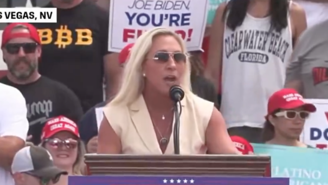 Screenshot of Marjorie Taylor Greene speaking at Trump rally