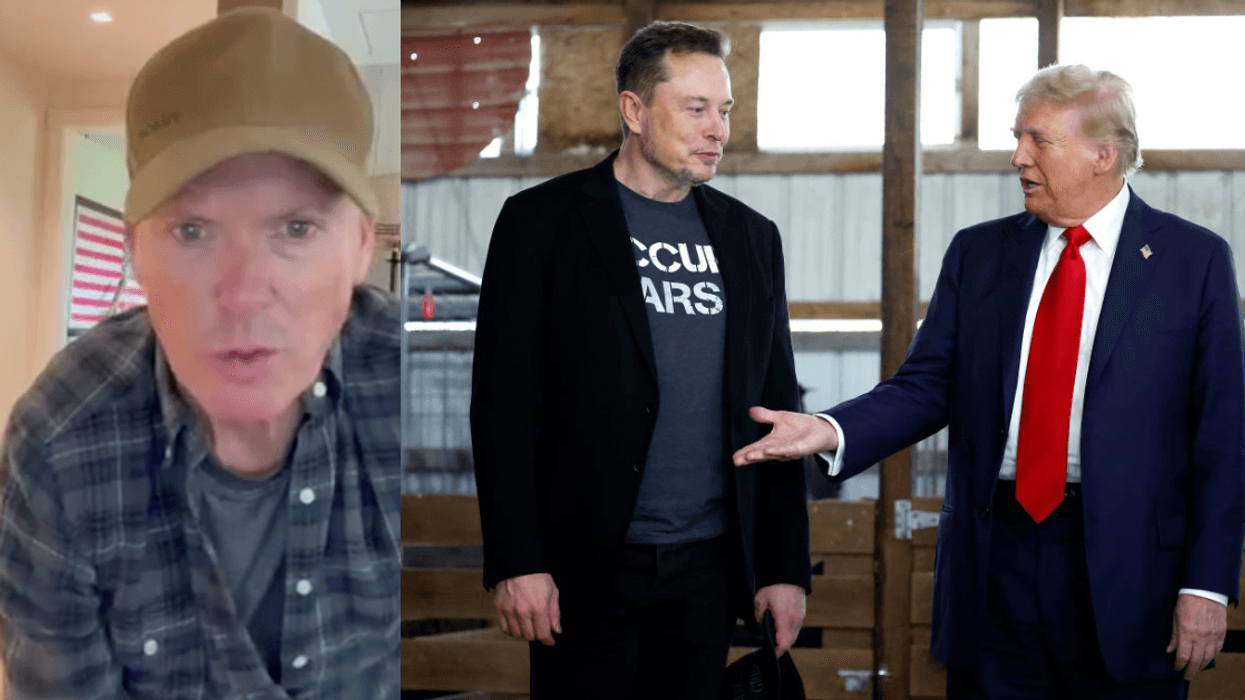 Screenshot of Michael Keaton; Elon Musk and Donald Trump
