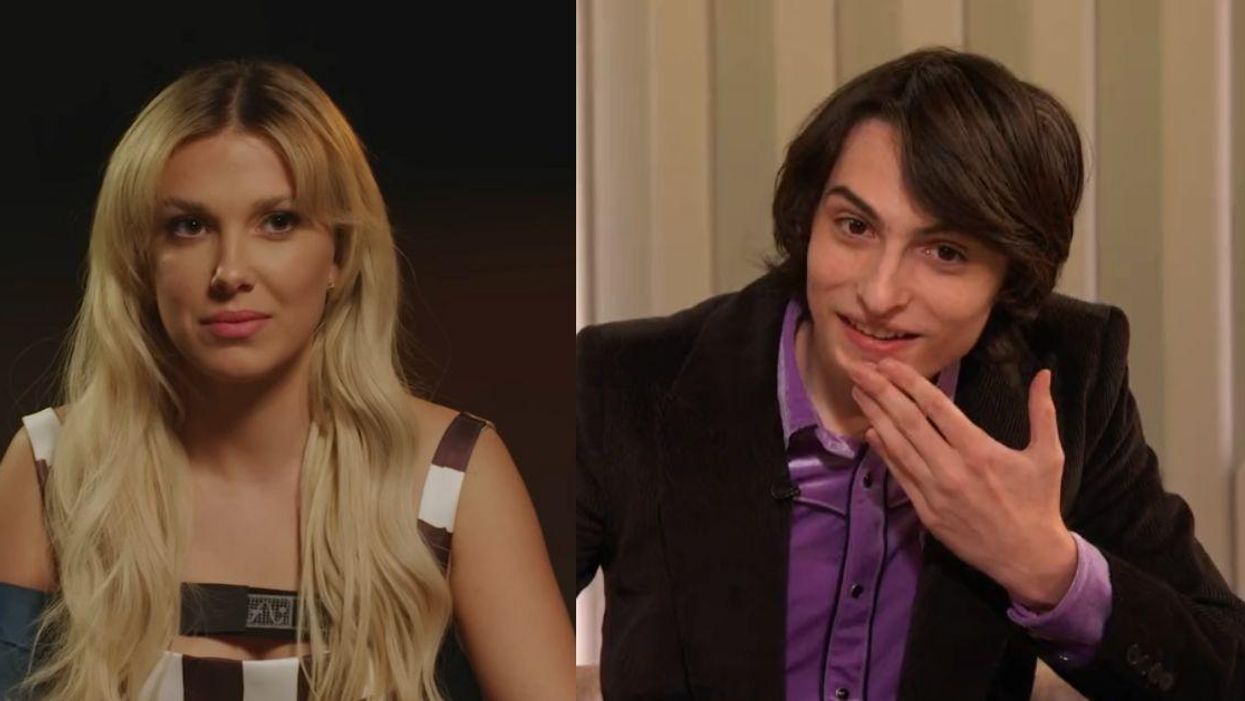 Screenshot of Millie Bobby Brown taking a lie detector test; Screenshot of Finn Wolfhard on "The Drew Barrymore Show"