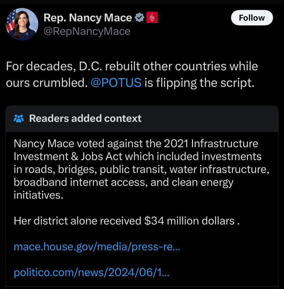 Screenshot of Nancy Mace's tweet and Community Note