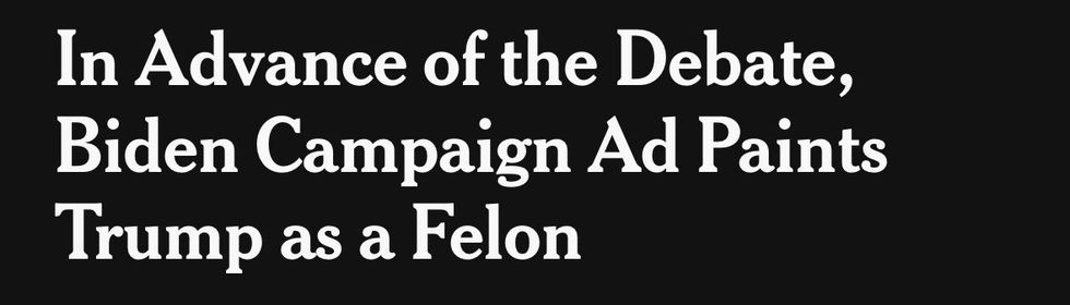 Screenshot of New York Times headline about Biden ad