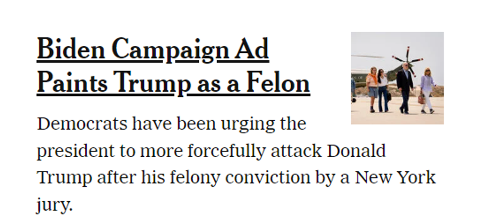 Screenshot of New York Times headline about Biden ad