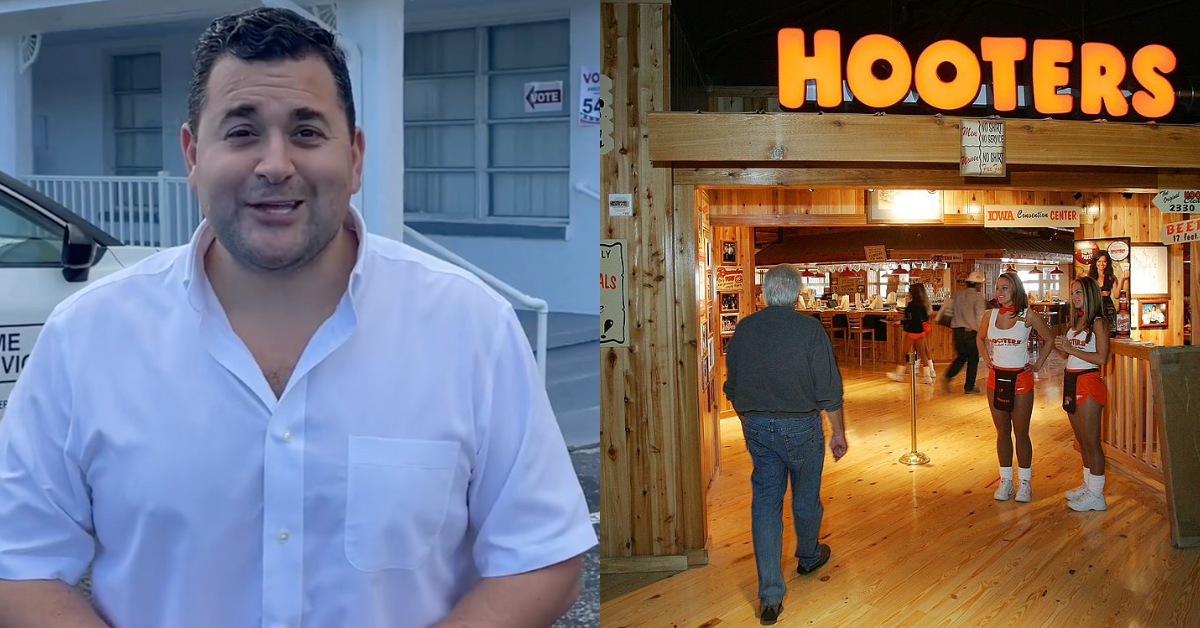screenshot of Nick Adams; a man walking into a Hooters restaurant and greeted by waitresses