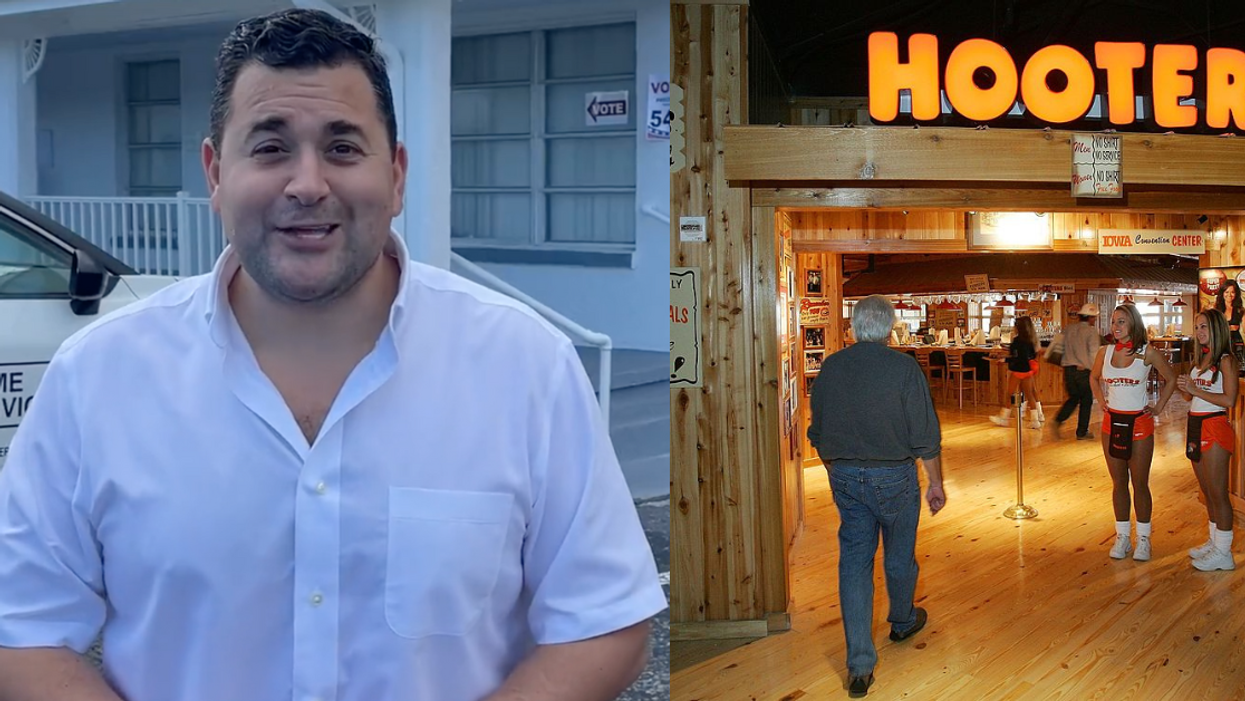 screenshot of Nick Adams; a man walking into a Hooters restaurant and greeted by waitresses