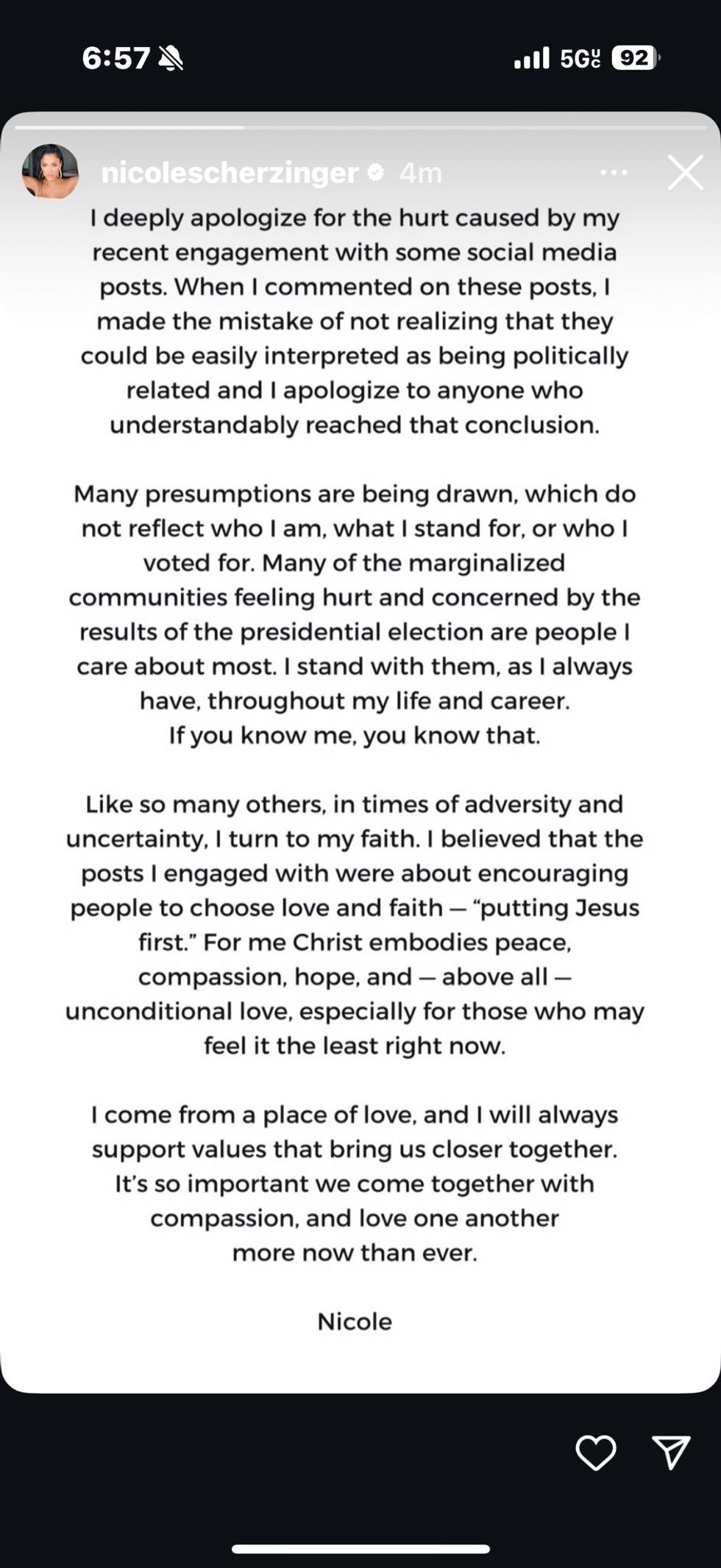 Screenshot of Nicole Scherzinger's Instagram story