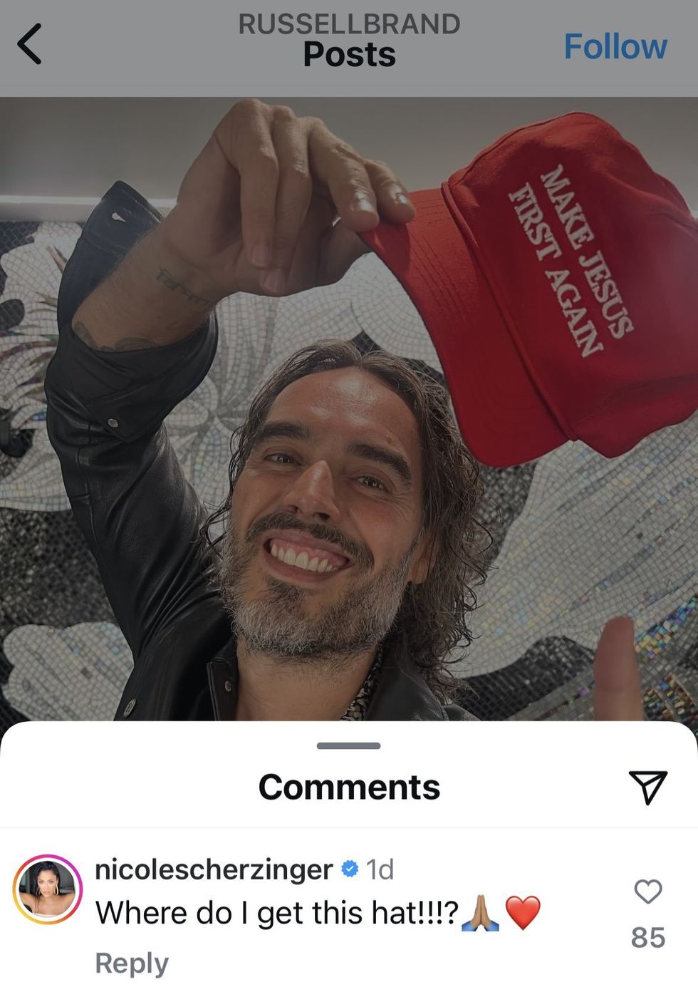 Screenshot of Nicole Scherzinger's response to a Russell Brand post