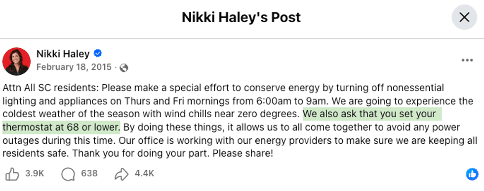 Screenshot of Nikki Haley's post