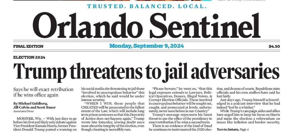 Screenshot of Orlando Sentinel headline: "Trump threatens to jail adversaries"
