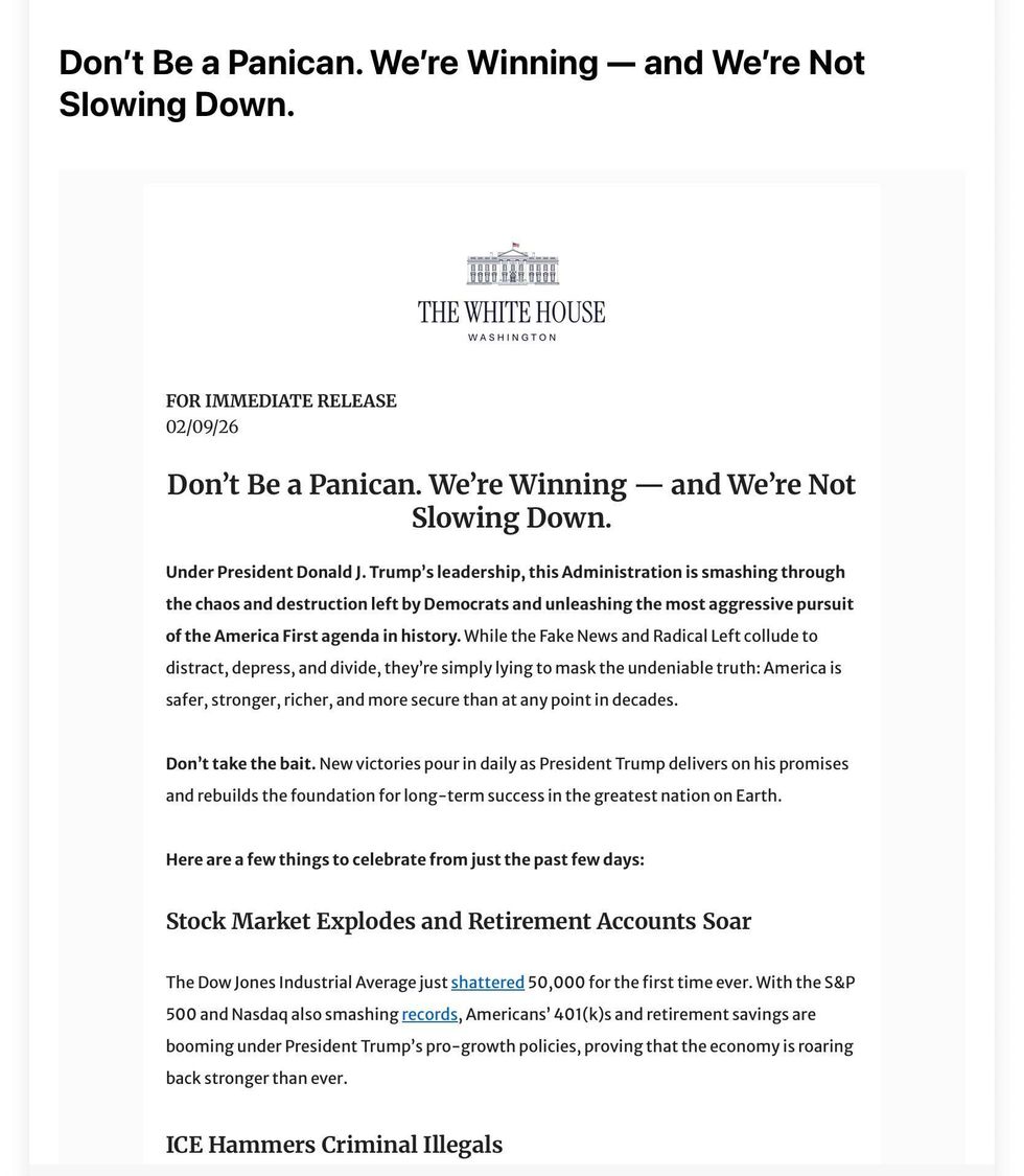 Screenshot of part of White House release urging GOP not to panic