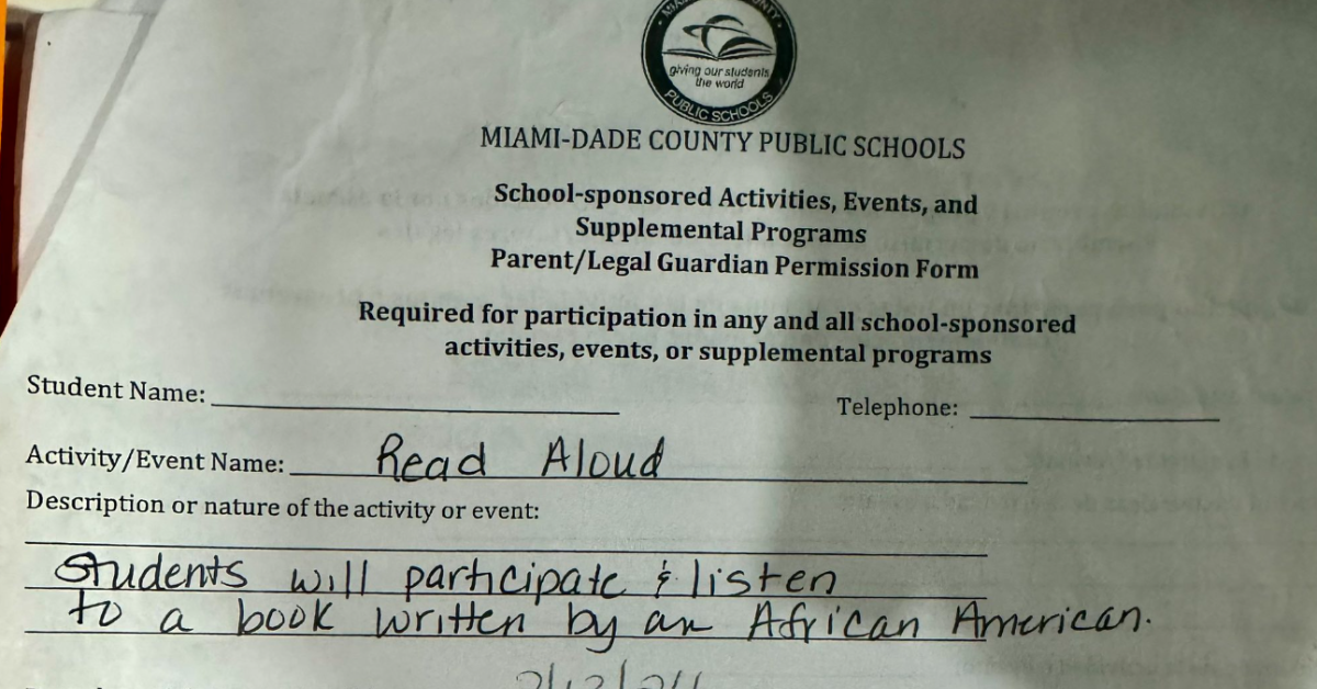 Screenshot of permission slip for Black History month event from Coral Way school