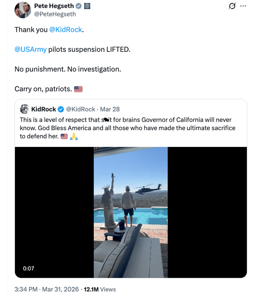 Screenshot of Pete Hegseth's tweet