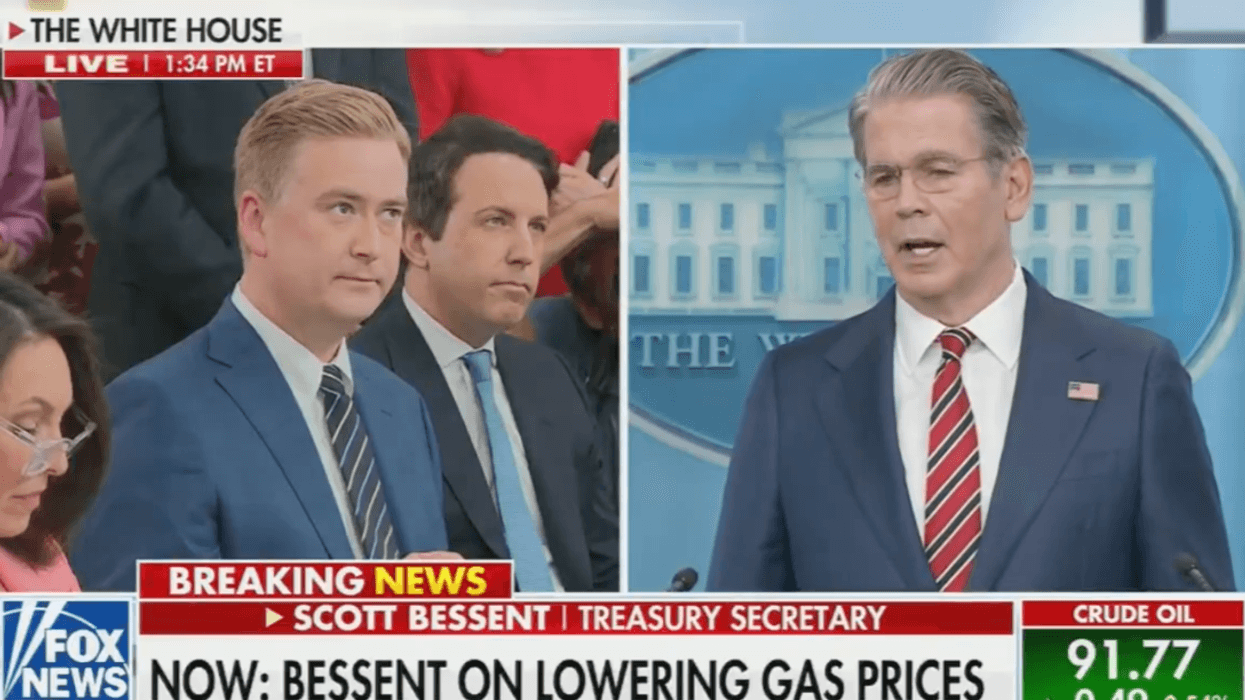 Screenshot of Peter Doocy listening to Scott Bessent speaking in press briefing room