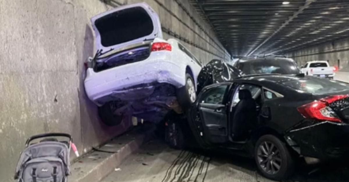 screenshot of pile-up in the Yerba Buena Island Tunnel of the San Francisco–Oakland Bay Bridge Complex