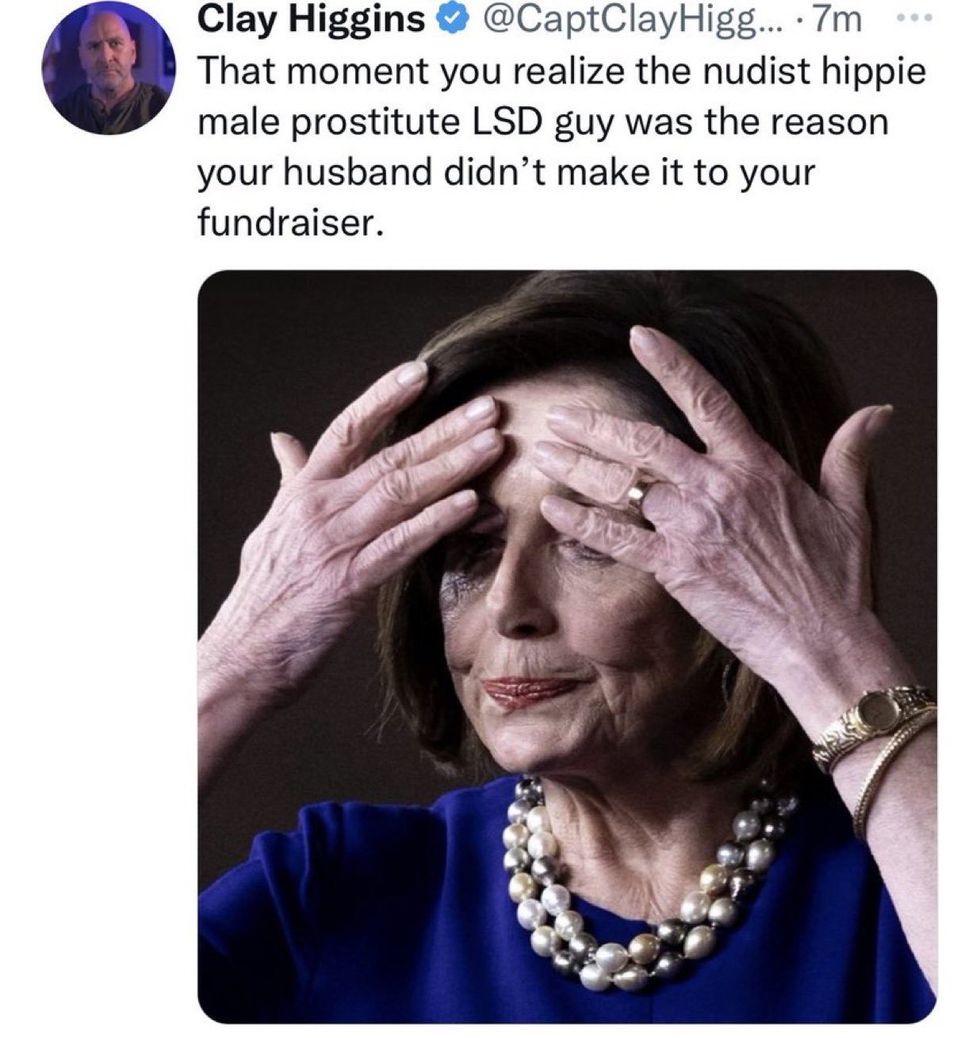 Screenshot of post Clay Higgins wrote mocking Paul Pelosi