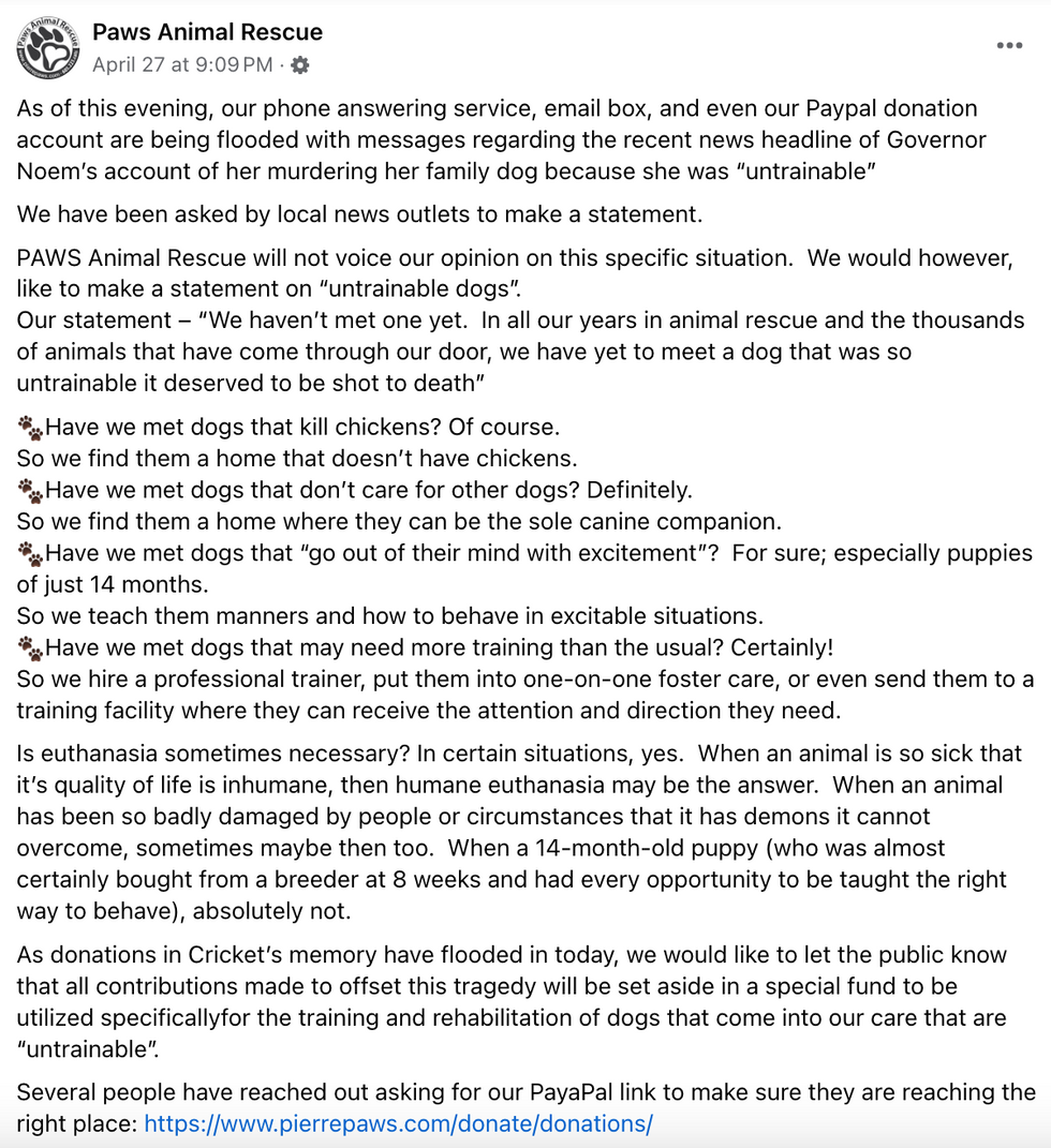 Screenshot of post from Paws Animal Rescue