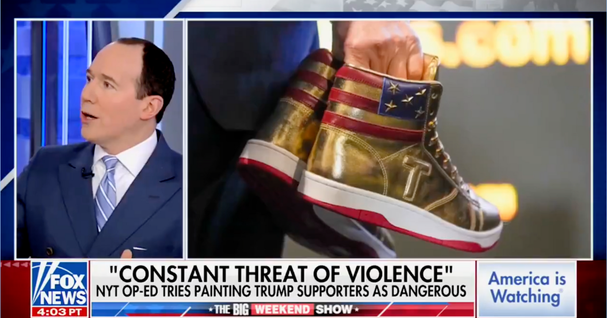 Screenshot of Raymond Arroyo next to a shot of the new Trump sneakers