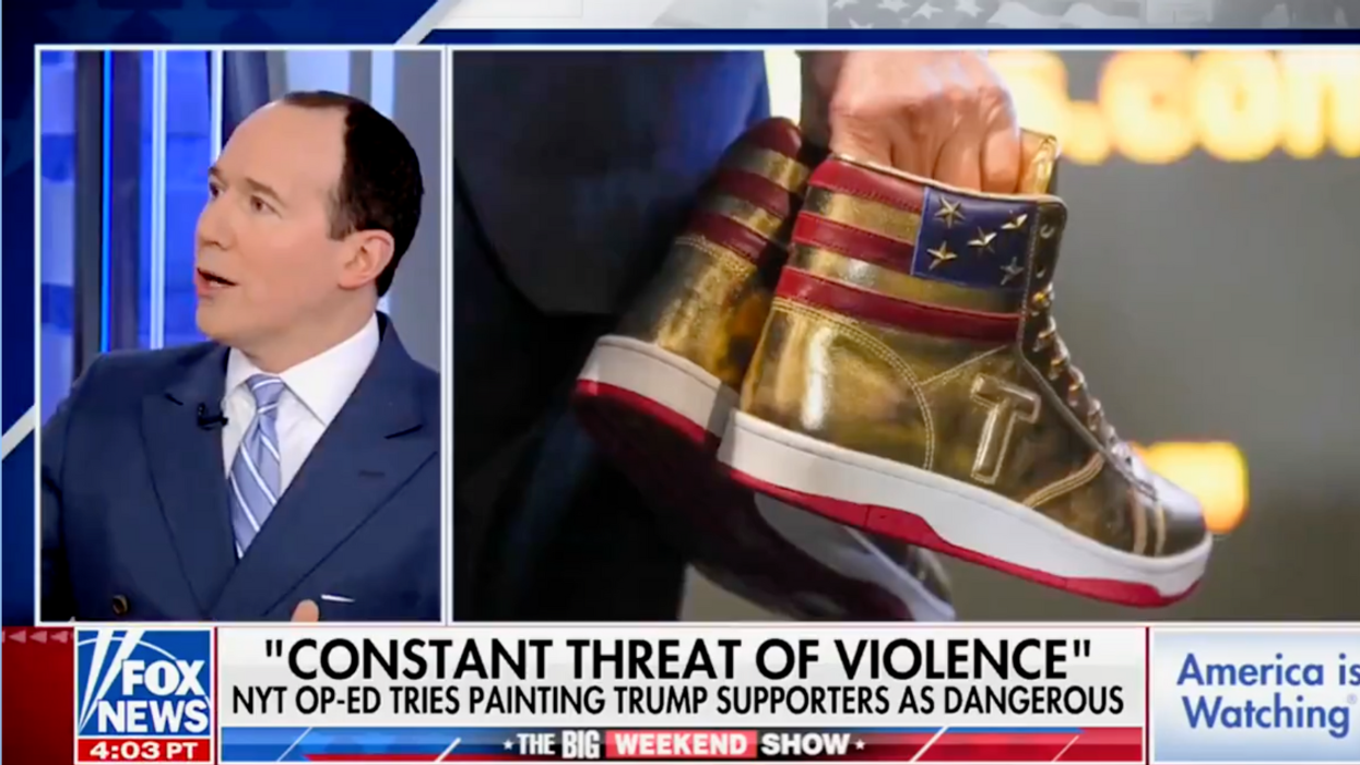 Screenshot of Raymond Arroyo next to a shot of the new Trump sneakers
