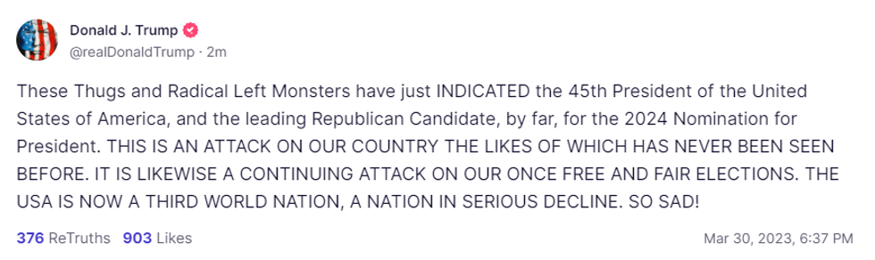 Screenshot of @realdonaldtrump's post on Truth Social