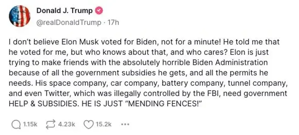 Screenshot of @realDonaldTrump's post on Truth Social