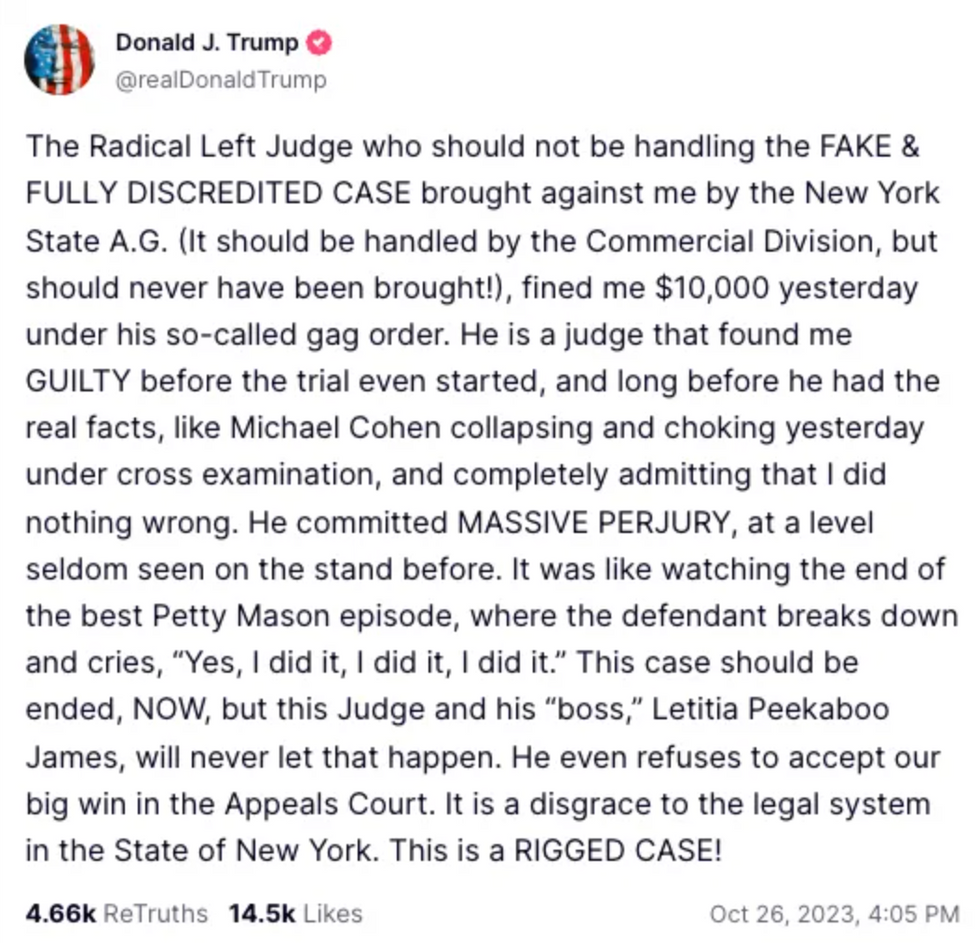 Screenshot of @realDonaldTrump's Truth Social post