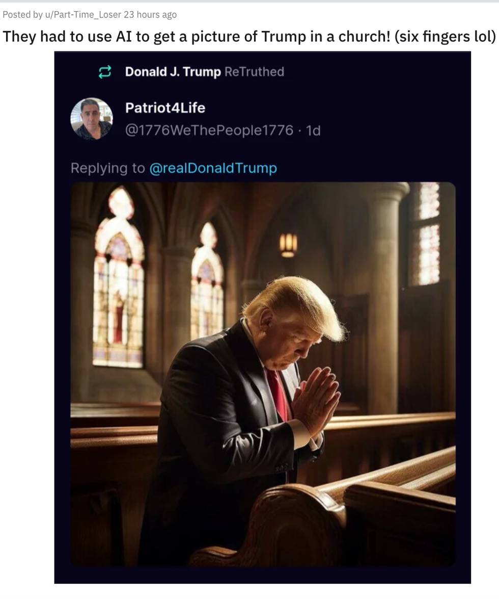 Screenshot of Reddit post commenting on an AI-generated image of Donald Trump with six fingers