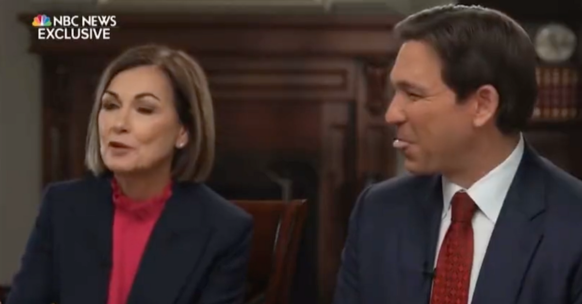 Screenshot of Ron DeSantis licking his lips during NBC News interview with Kim Reynolds