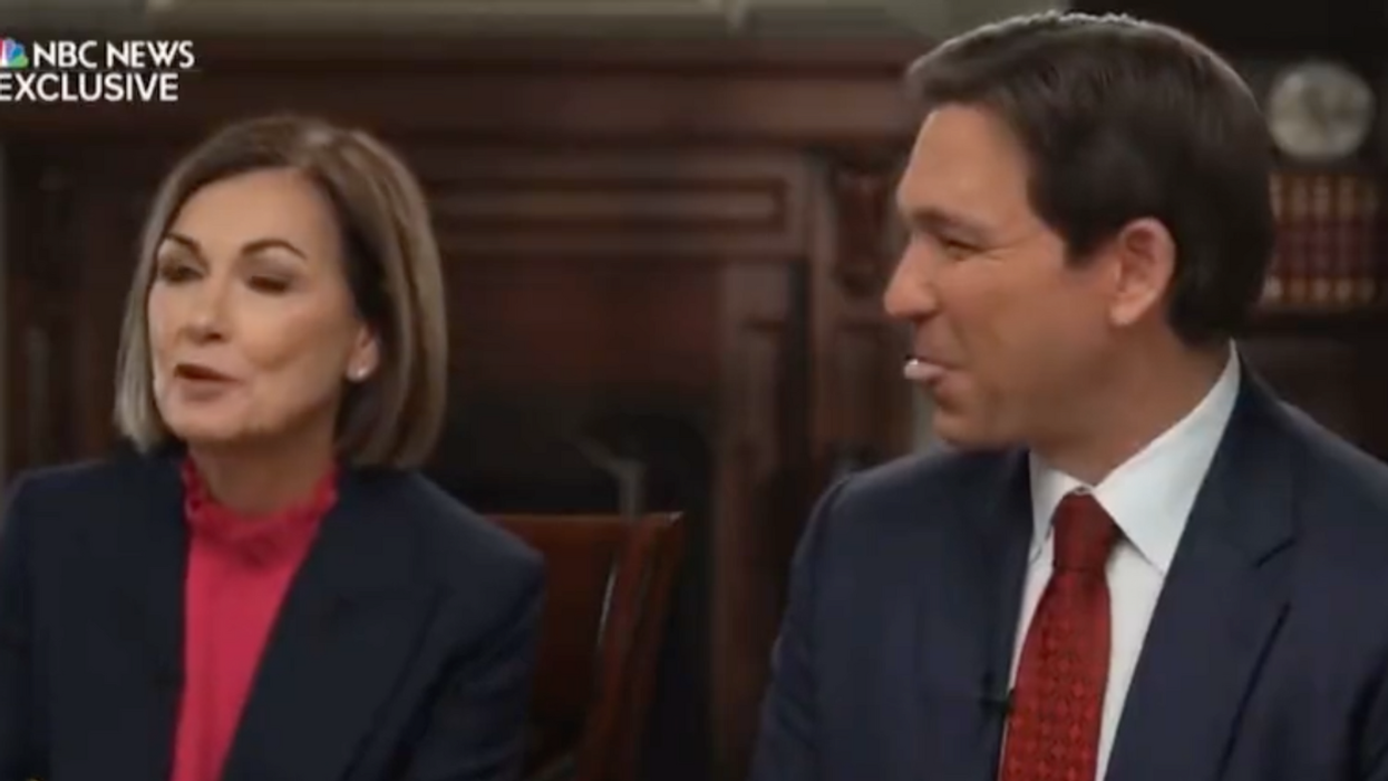 Screenshot of Ron DeSantis licking his lips during NBC News interview with Kim Reynolds