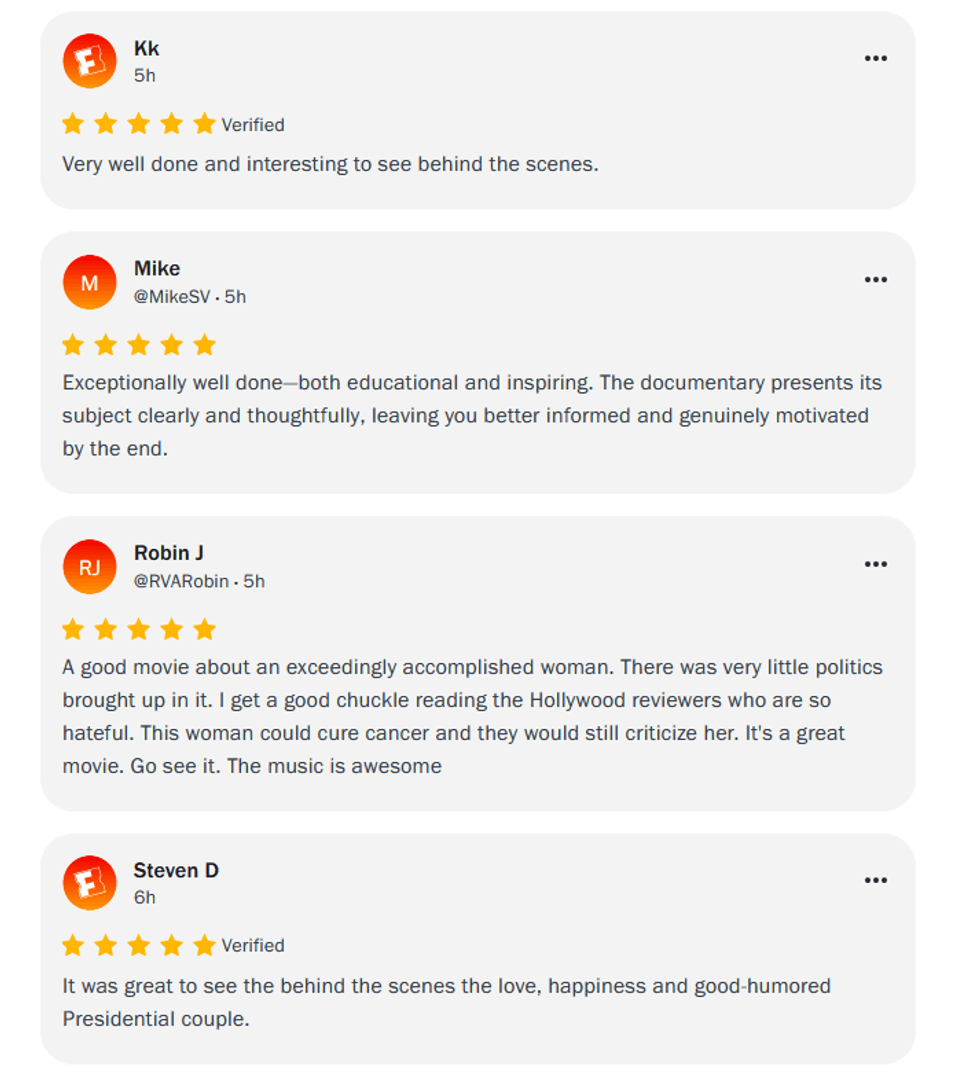 Screenshot of Rotten Tomatoes "reviews" of Melania Trump documentary