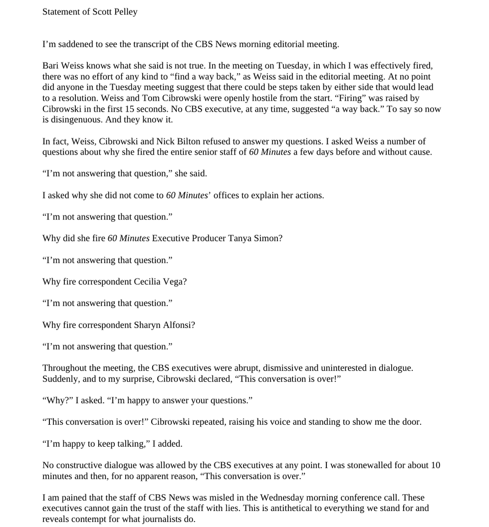 Screenshot of Scott Pelley's statement