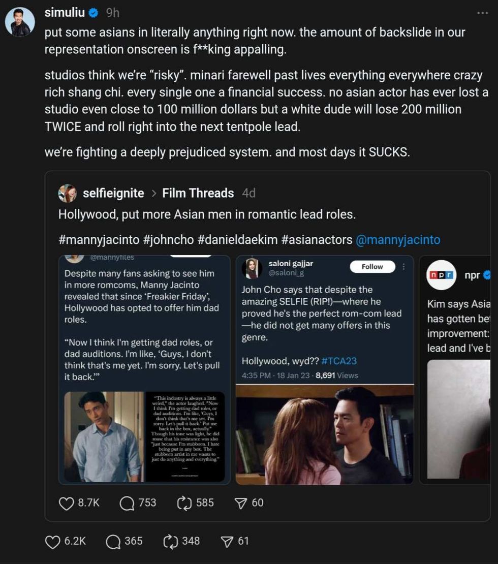 Screenshot of Simu Liu's post