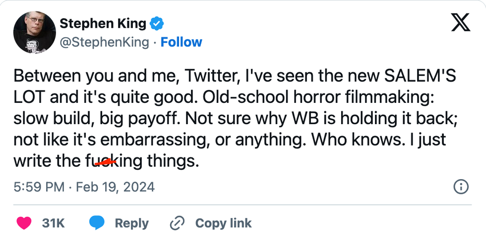 Screenshot of Stephen King's post on X