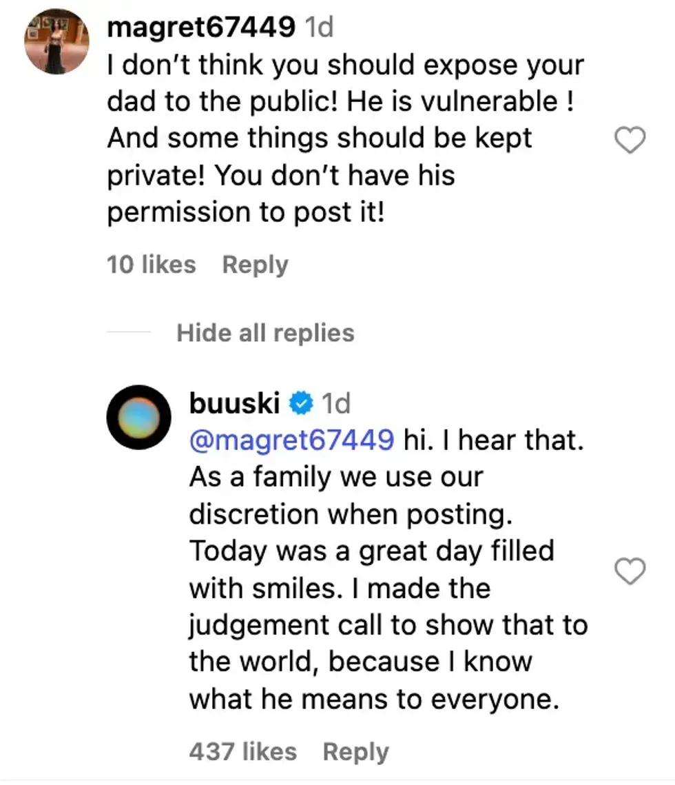Screenshot of Tallulah Willis' response to an Instagram follower