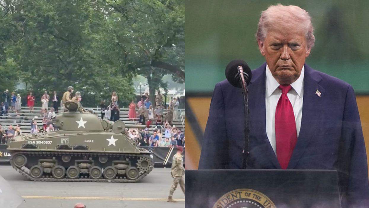 Screenshot of tank in military parade; Donald Trump
