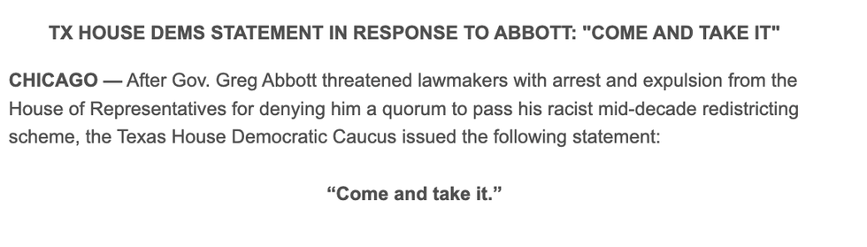 Screenshot of Texas House Democrats' statement