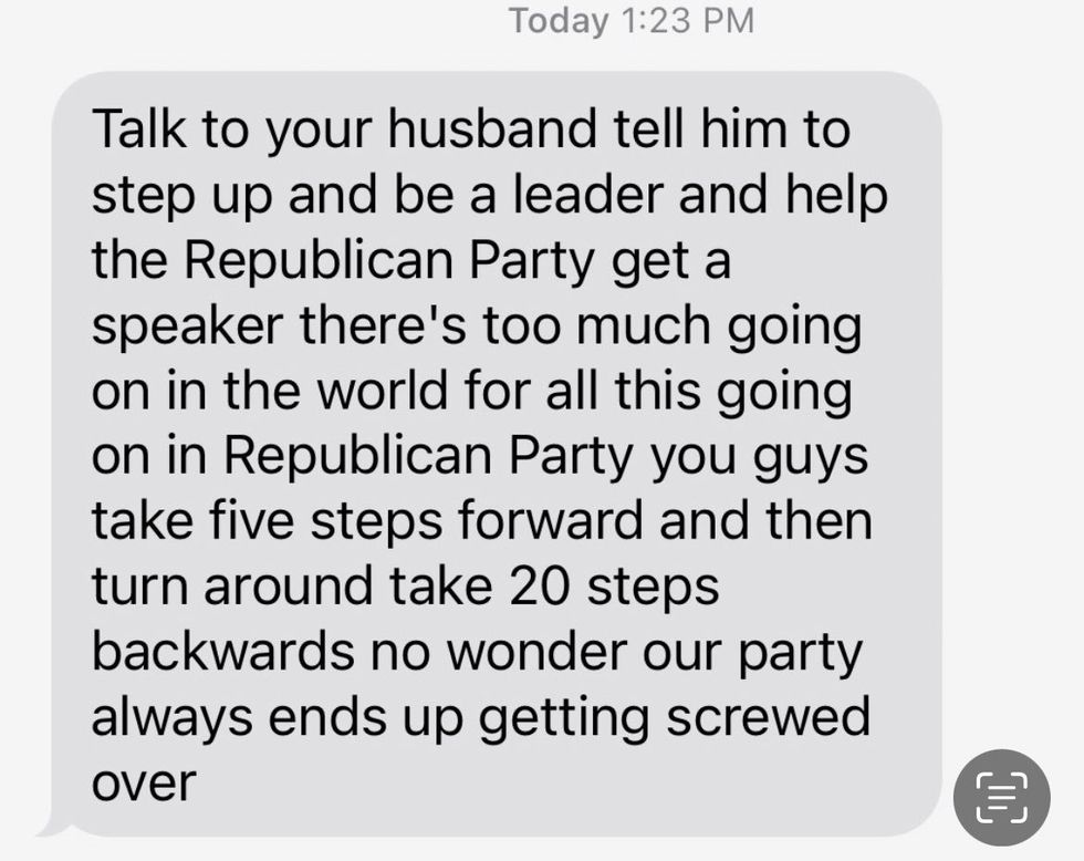 Screenshot of text message sent to Angie Bacon from an anonymous sender