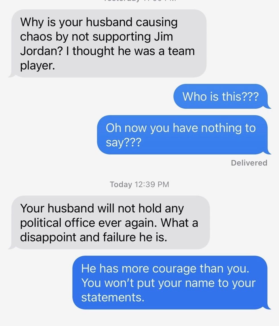 Screenshot of text messages between Angie Bacon and an anonymous sender