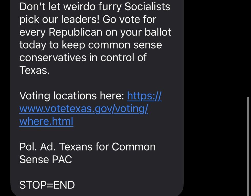 Screenshot of text sent by Texans for Common Sense