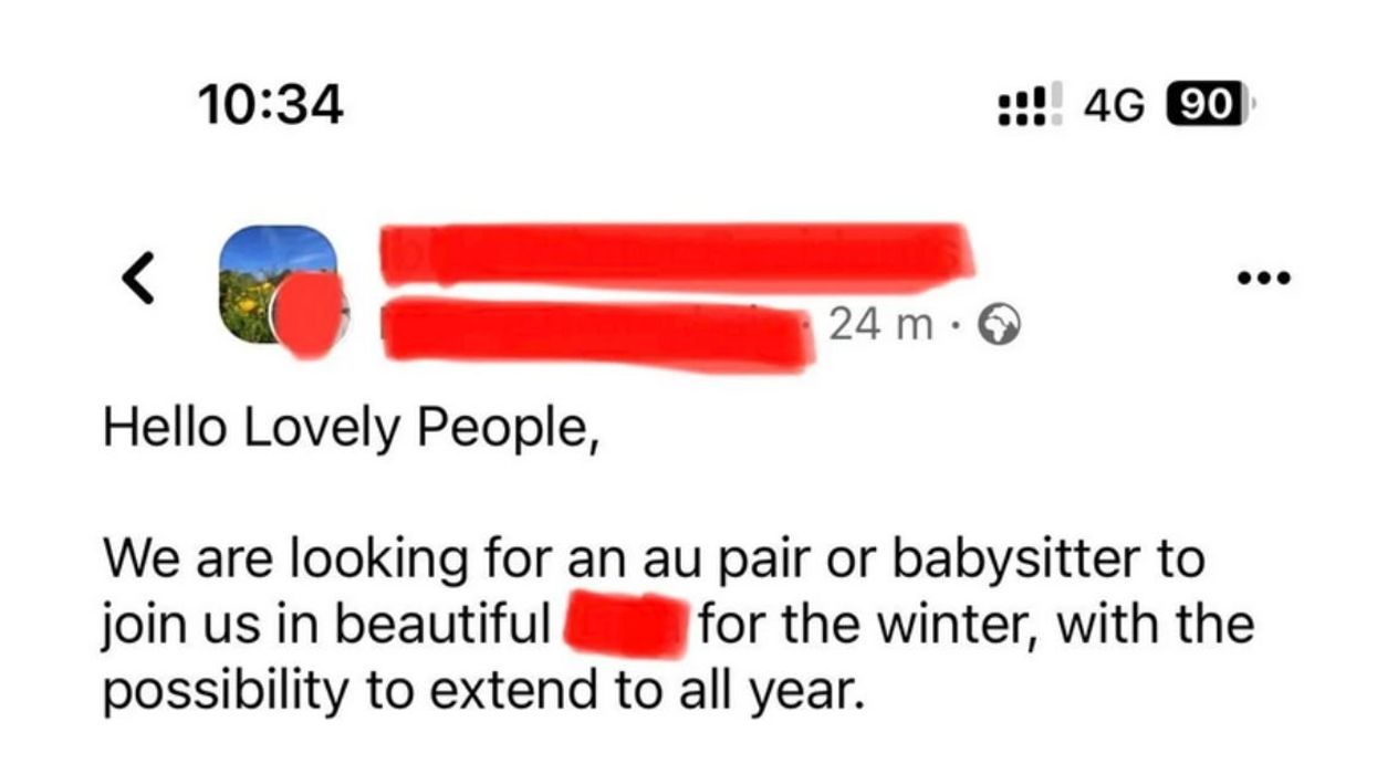 Screenshot of the ad looking for a live-in nanny